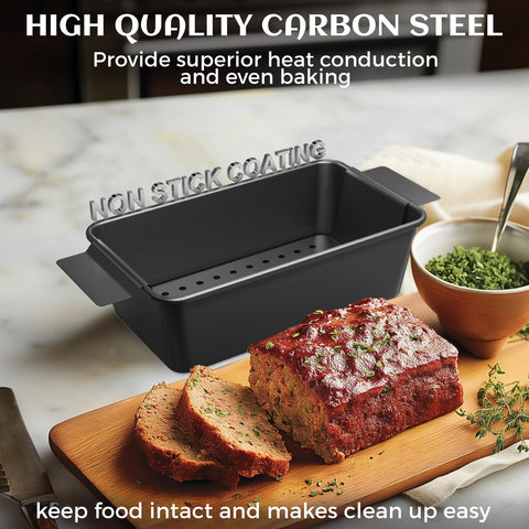 TLAZZ meatloaf pan with removable drain tray captures drippings for healthier results.