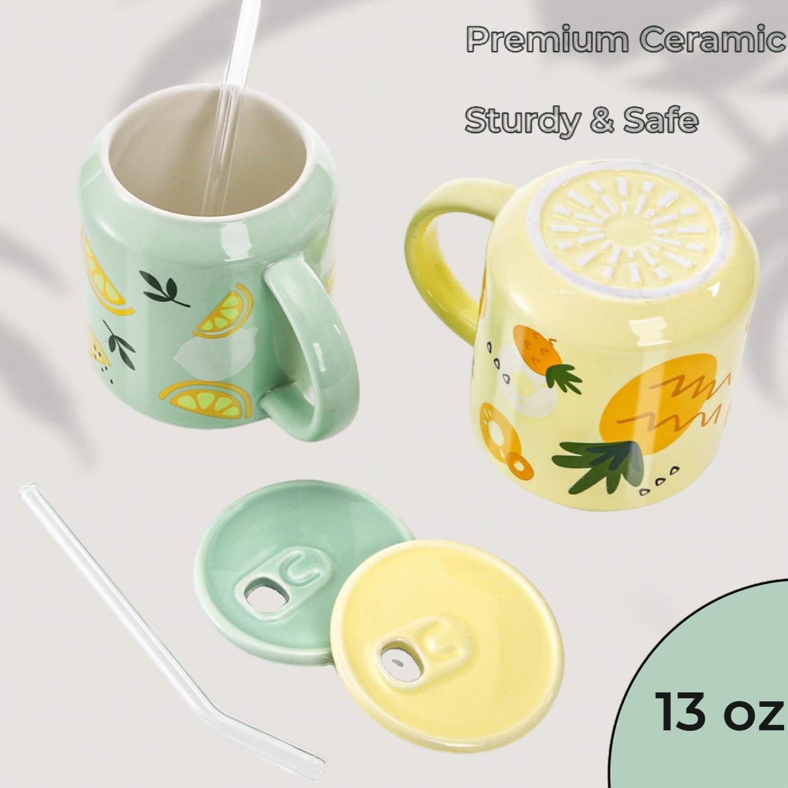 Tlence fruit pattern mug close-up showing vibrant design.