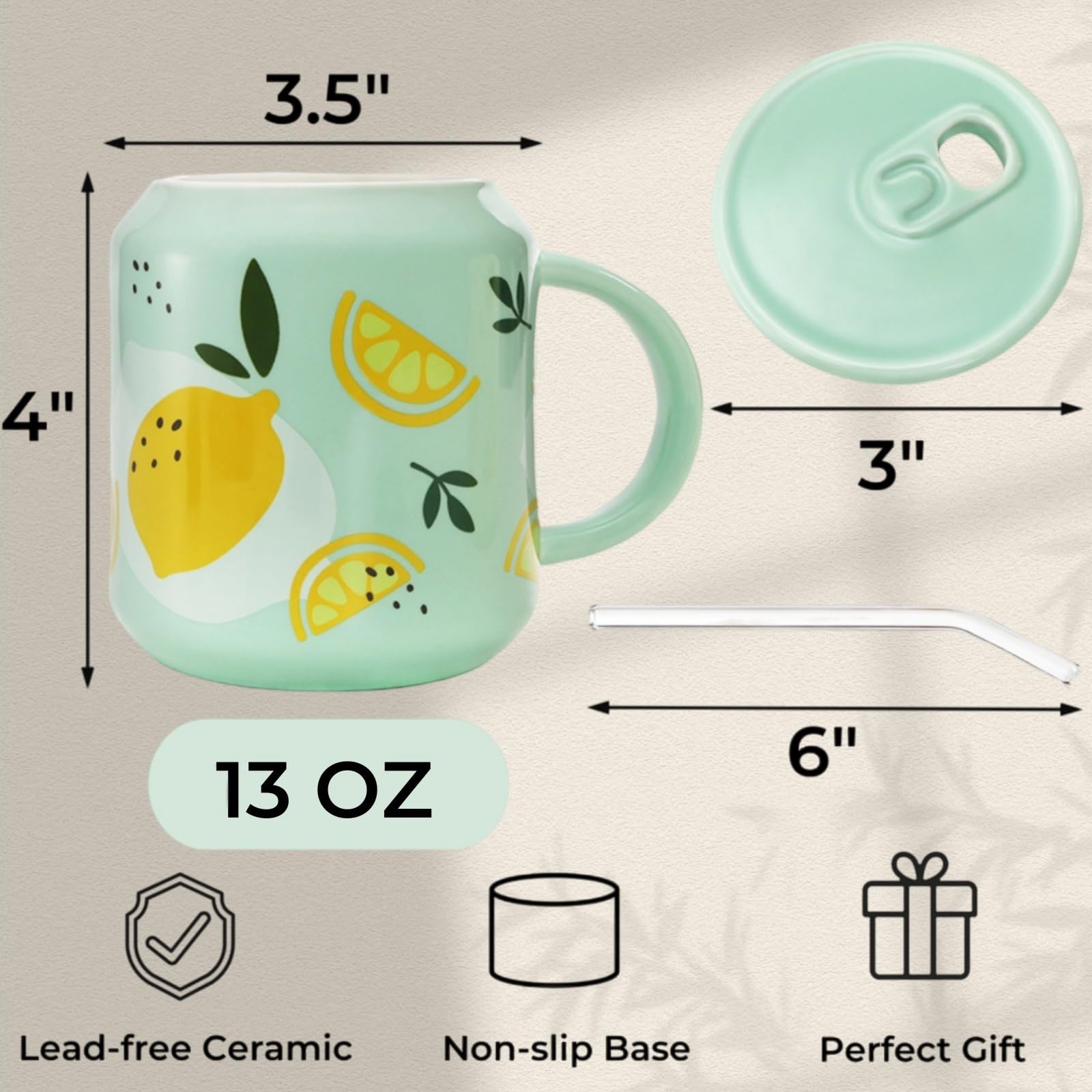 Tlence lemon pattern mug with lid, ideal for morning coffee rituals.