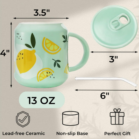 Tlence lemon pattern mug with lid, ideal for morning coffee rituals.