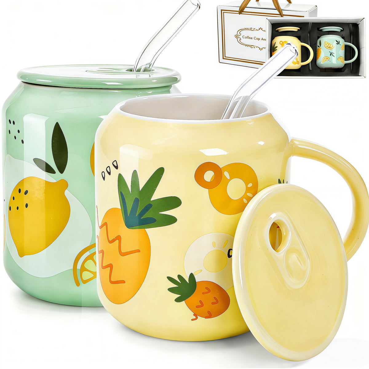 Tlence pineapple pattern mug with lid and straw for on-the-go sipping.