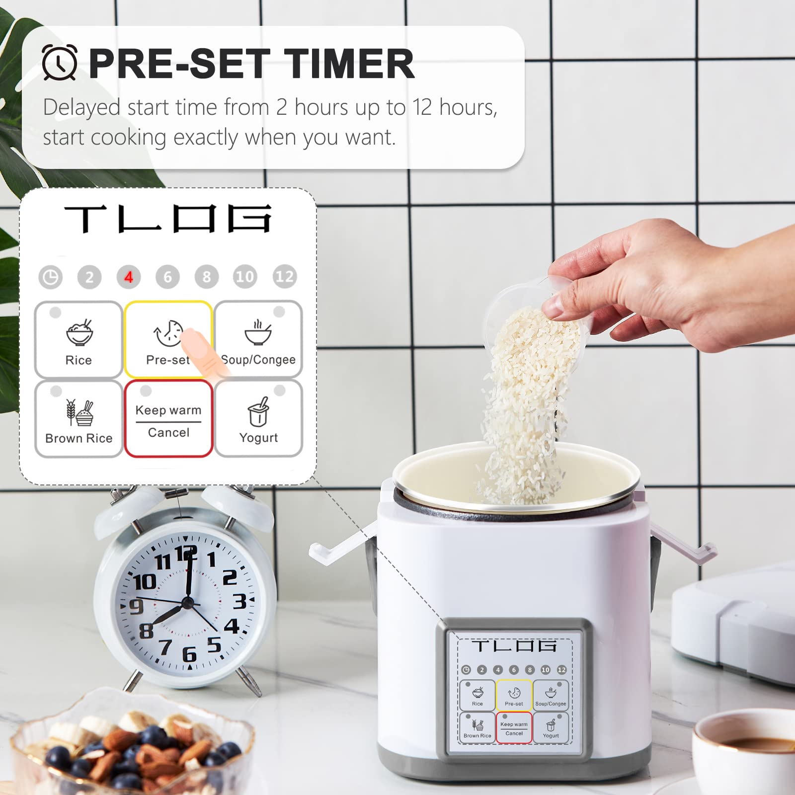 TLOG Mini Rice Cooker displaying 2.5 cup uncooked capacity for singles