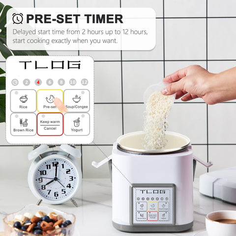 TLOG Mini Rice Cooker displaying 2.5 cup uncooked capacity for singles