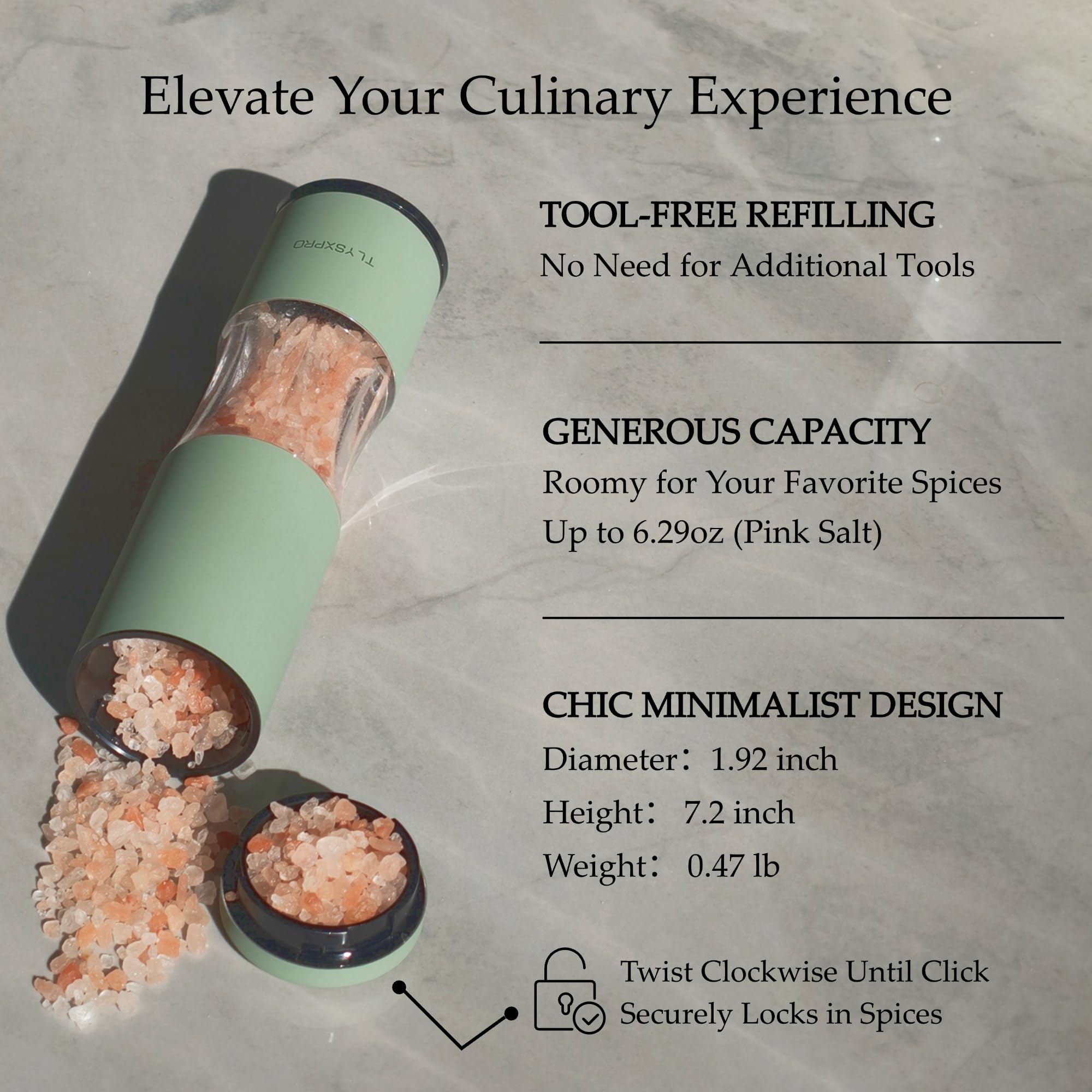 Ergonomic grip on TLYSXPRO grinders for comfortable, effortless seasoning.