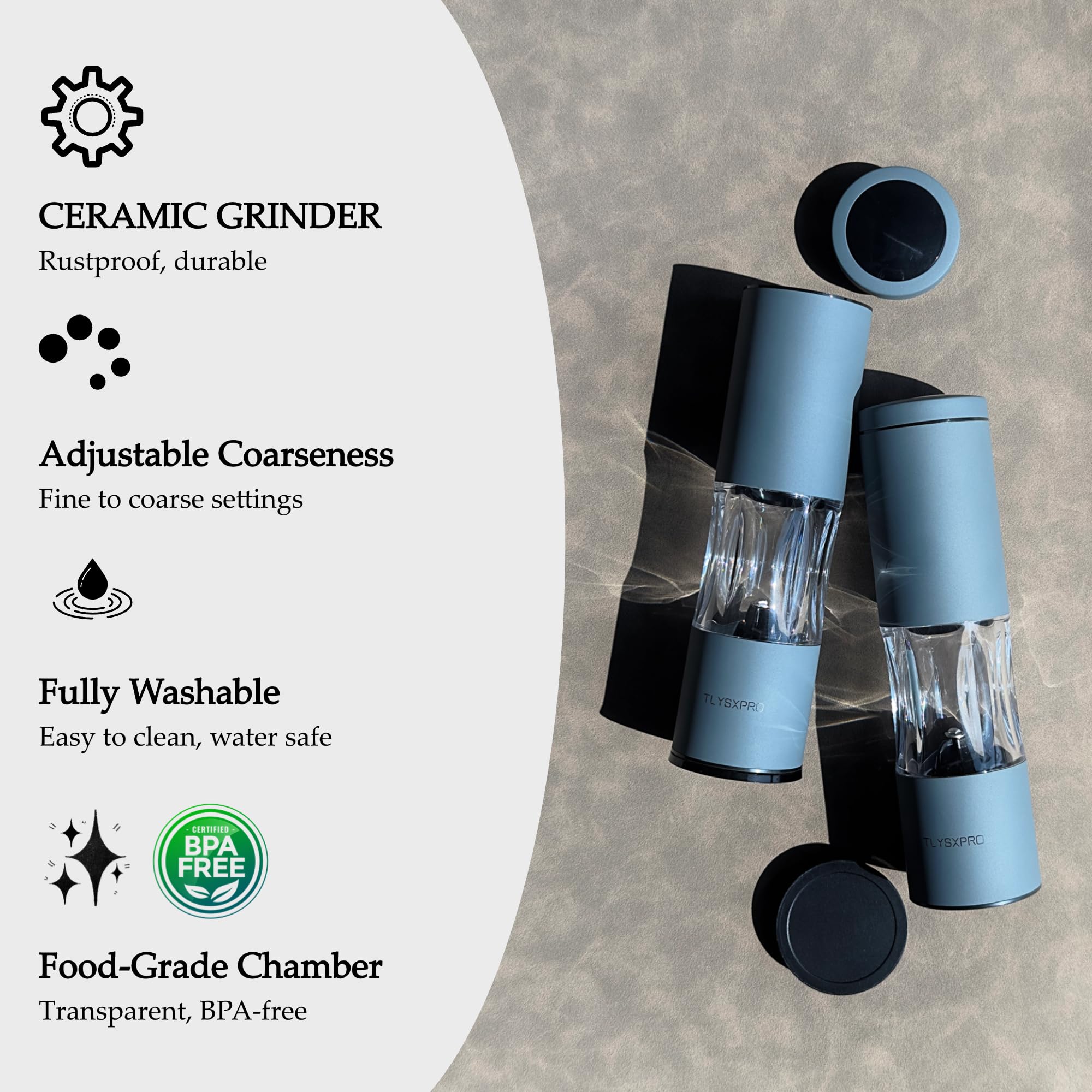 Refillable salt grinder by TLYSXPRO keeps counters neat and ready to use.