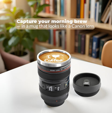 Tmango camera lens mug with BPA-free lid ensures safe hot or cold drinks.
