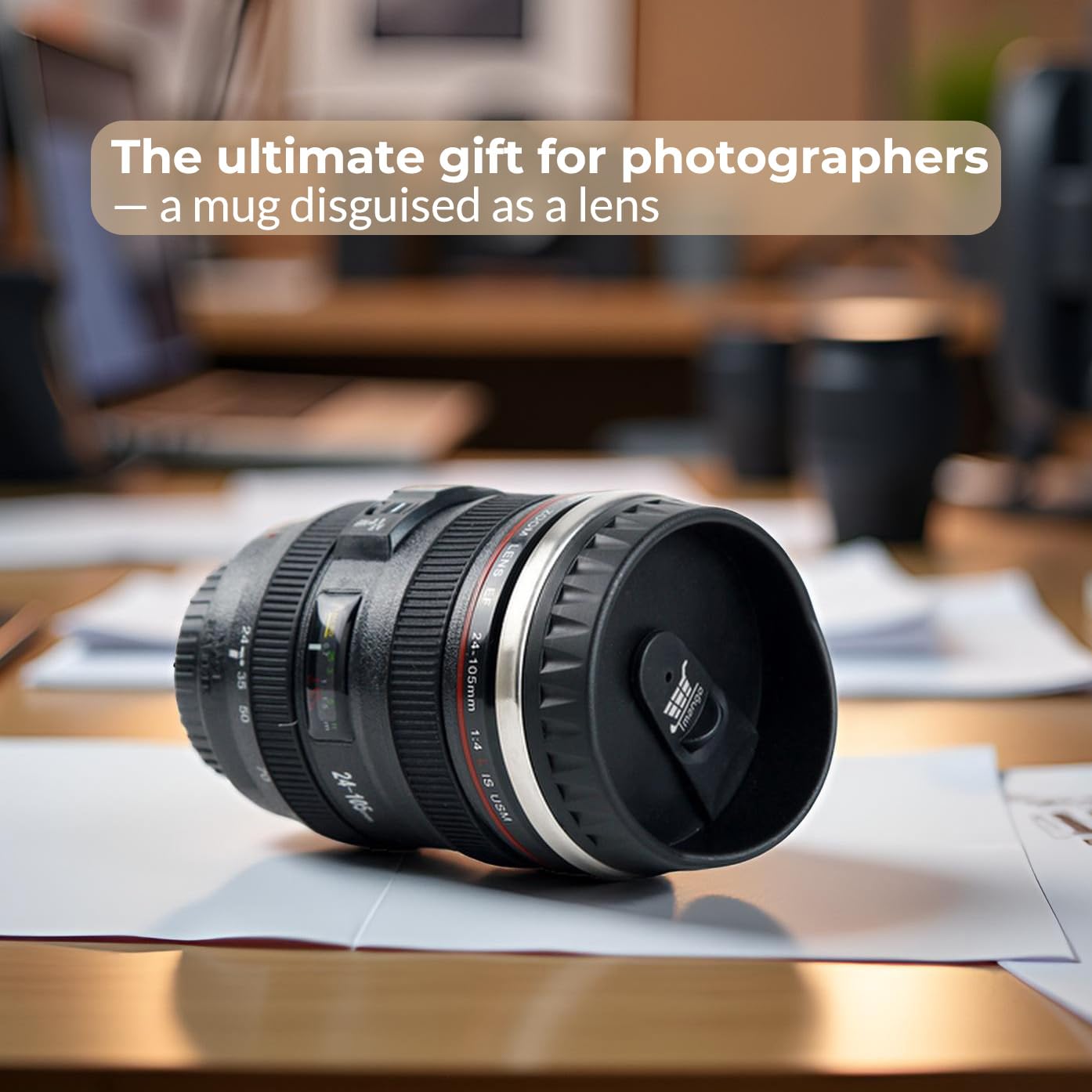 Tmango camera lens mug doubles as desk decor and storage accessory.