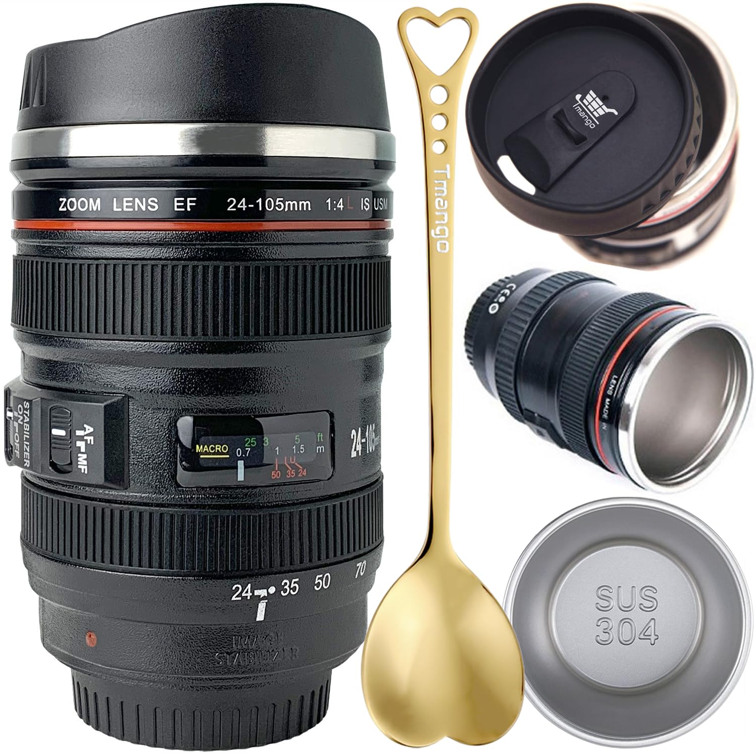 Tmango camera lens mug front view showcases realistic DSLR design for office use.