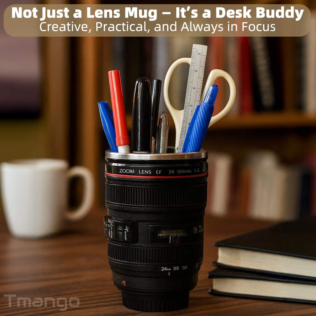 Tmango camera lens mug insulated design keeps beverages at the right temperature.