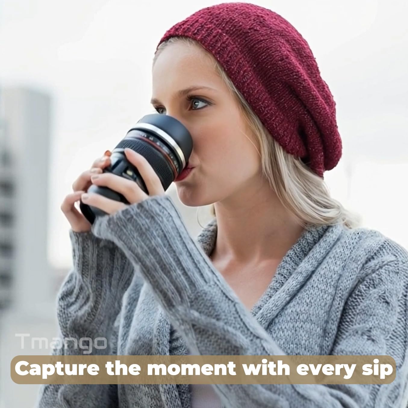 Tmango camera lens mug interior is stainless steel for durable temperature control.