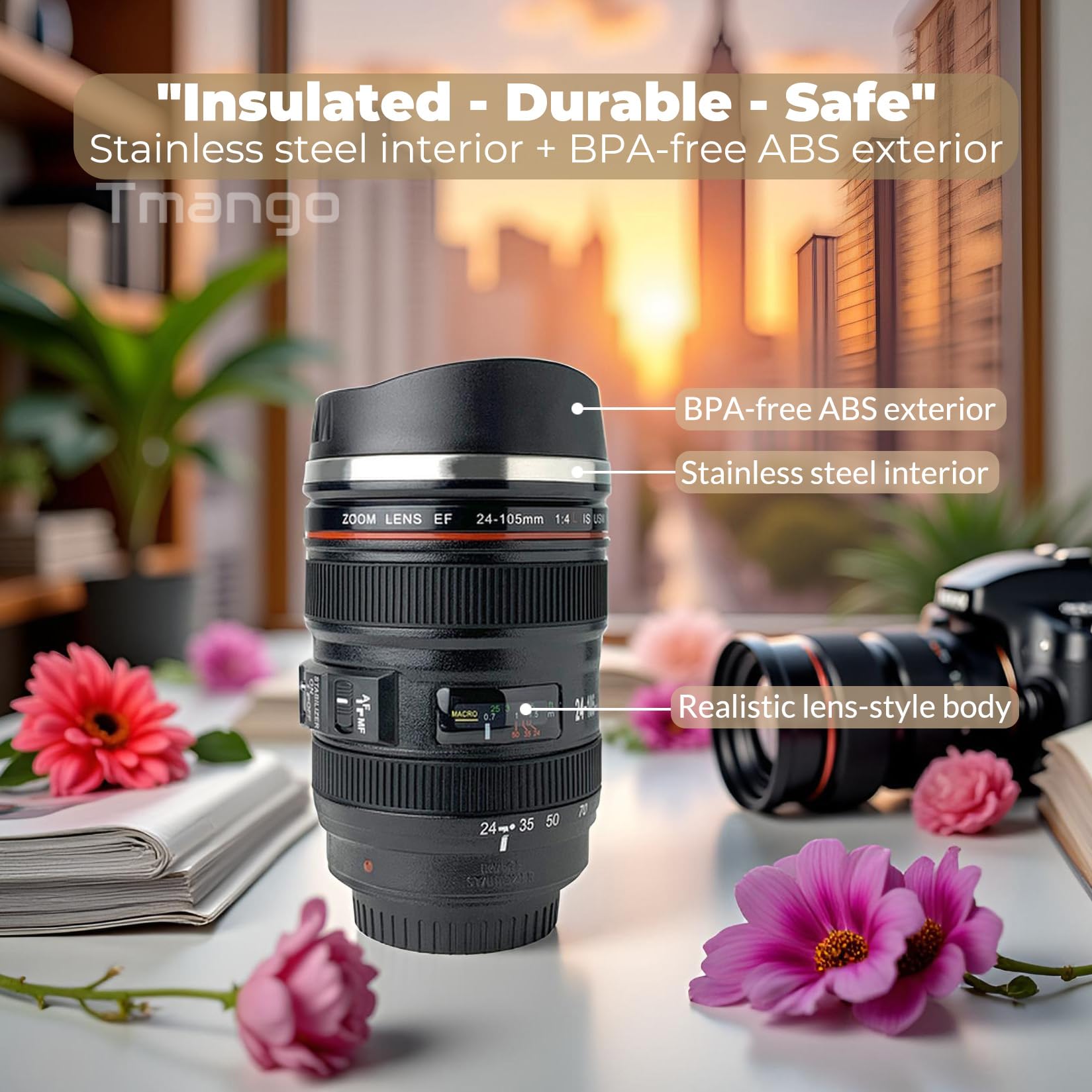 Tmango camera lens mug with slider lid offers smooth access for easy cleaning.