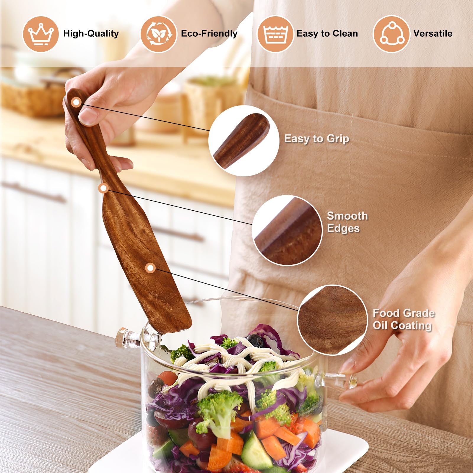 Non-stick friendly teak spurtles prevent food cling