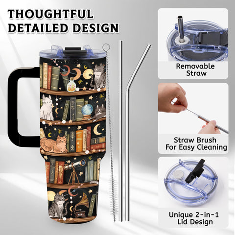 TNASURHUS book lovers 40oz tumbler handle detail, ergonomic grip for daily use