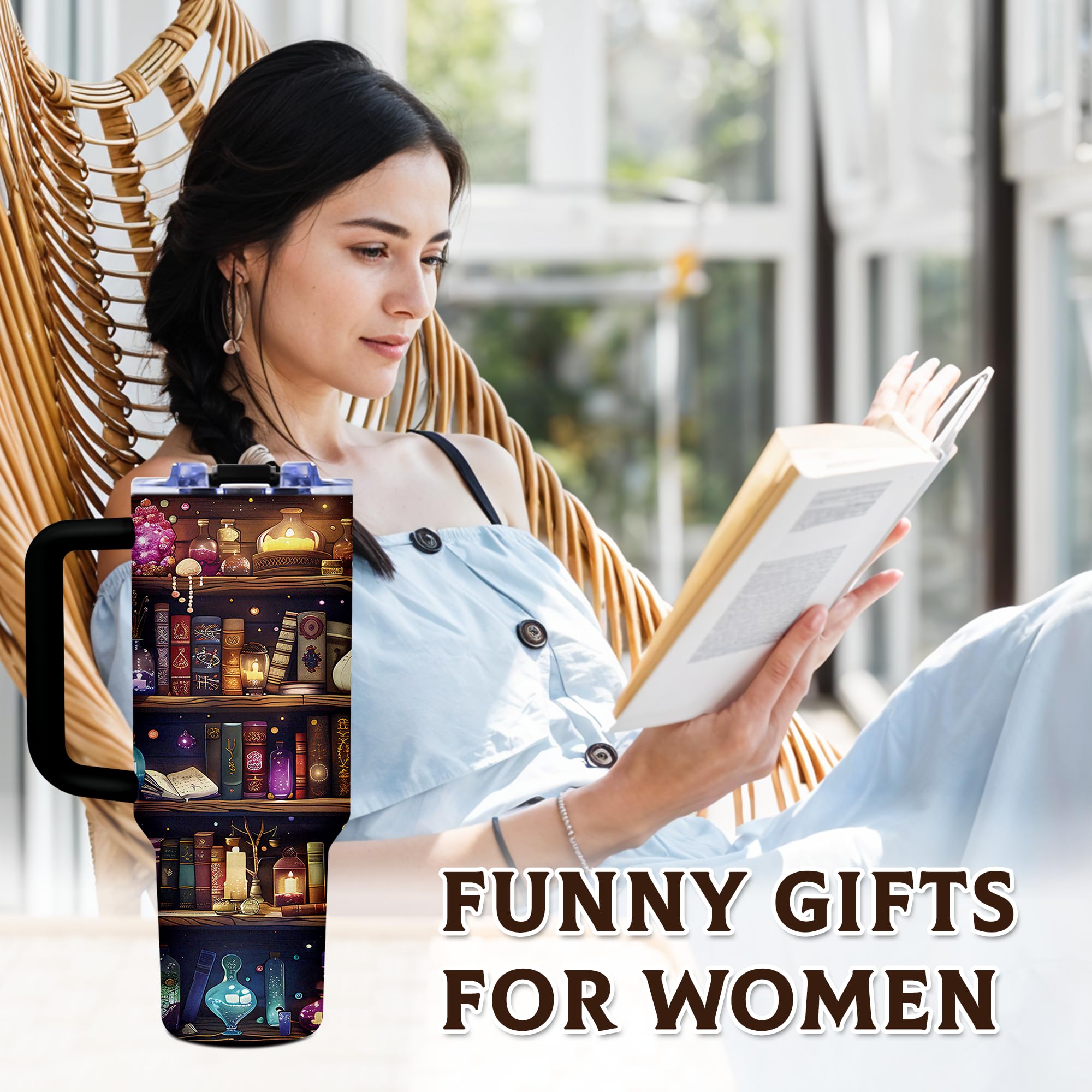 TNASURHUS bookish design tumbler with handle, perfect for gifting to readers