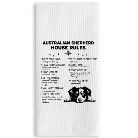 TNUW Australian Shepherd House Rules towel shown in kitchen for daily dish drying.