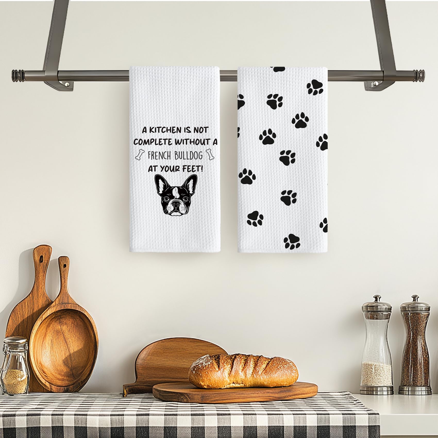 TNUW dog decor towels with paw print detail for cosy kitchen or bathroom.