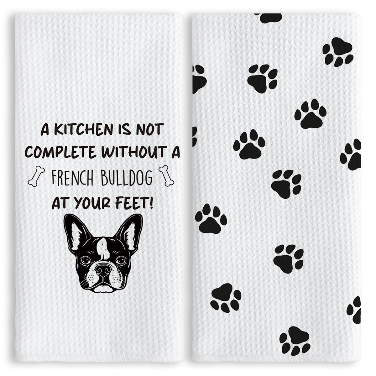 TNUW funny French Bulldog paws towel set enhances playful kitchen decor.