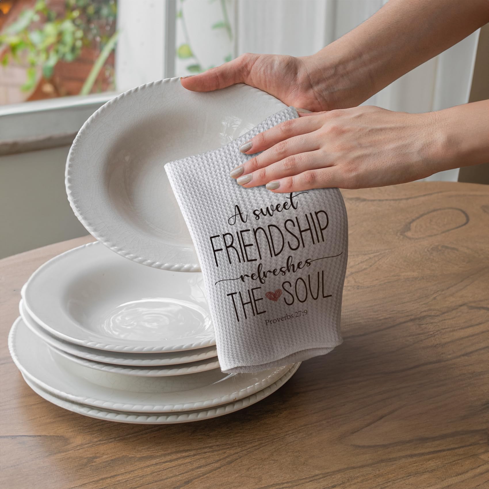 TNUW towel in dining space blends farmhouse decor with everyday use
