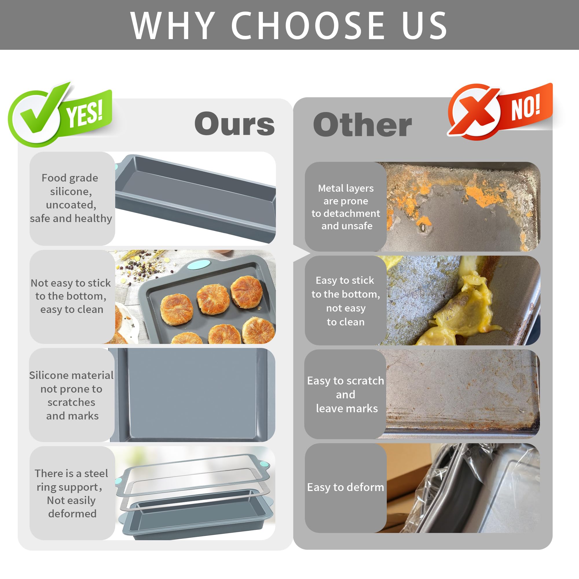 To encounter silicone baking pans set reinforced frame for long lasting use.