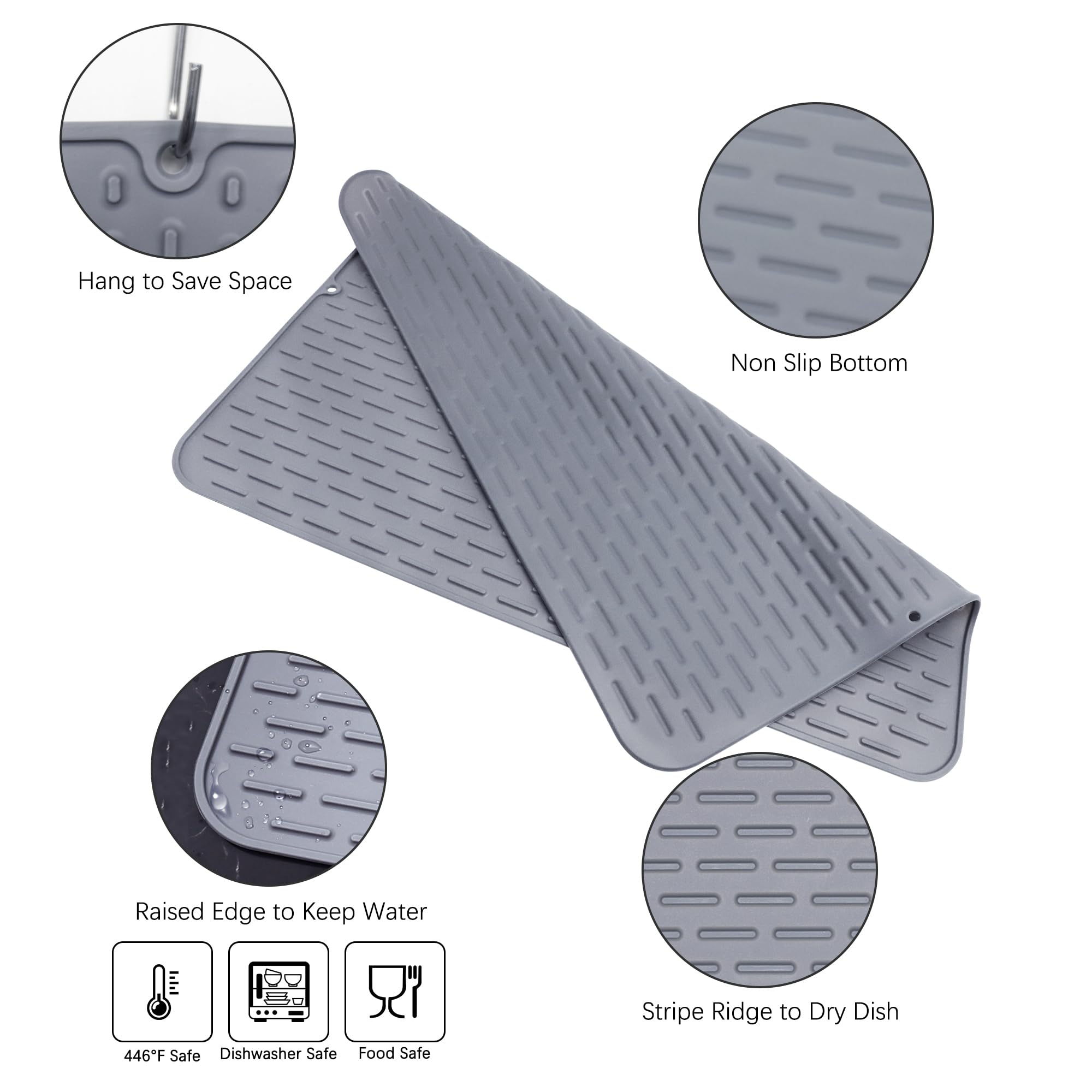 To Encounter silicone dish drying mat with raised ridges speeds air drying.