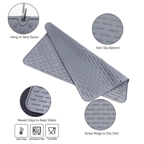 To Encounter silicone dish drying mat with raised ridges speeds air drying.