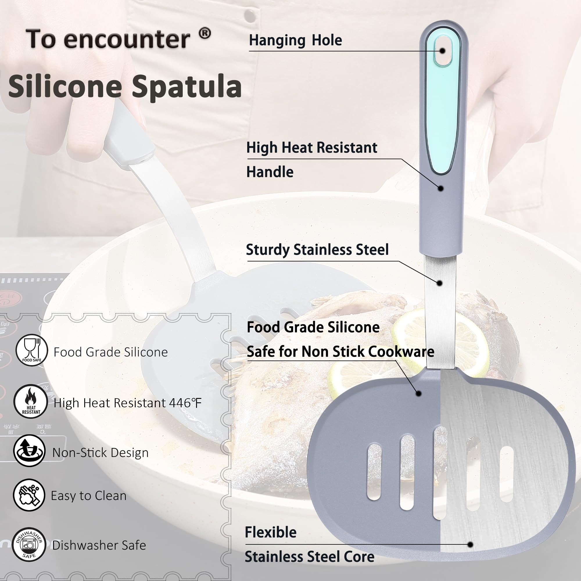 To encounter spatula handle detail showing ergonomic, non-slip grip.