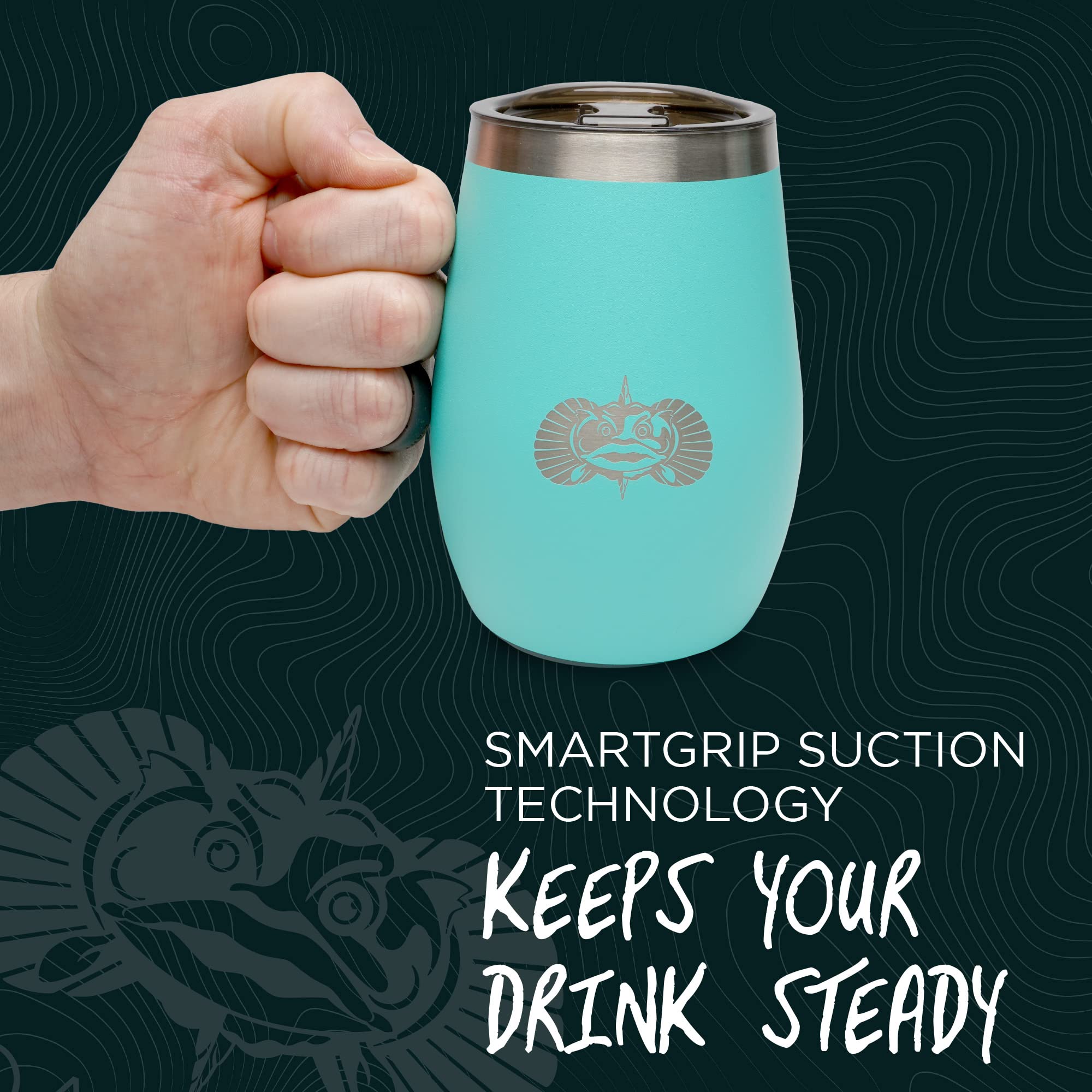 Toadfish teal tumbler with East Slide Lid for easy one-handed access and spill control.