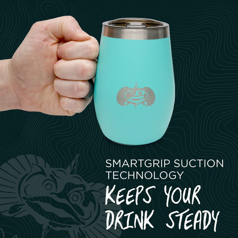 Toadfish teal tumbler with East Slide Lid for easy one-handed access and spill control.