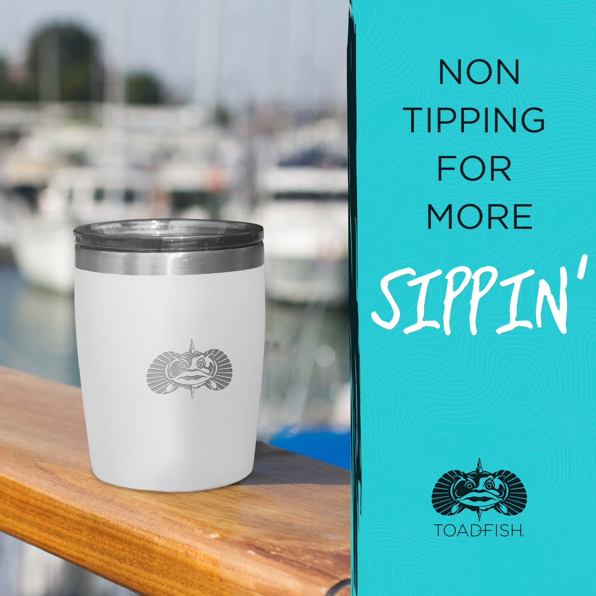 Toadfish rocks tumbler teal dockside scene with ice-cold beverage