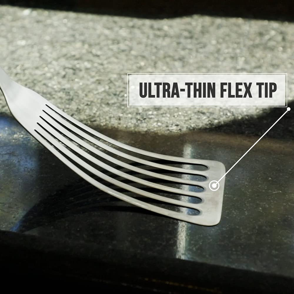 Toadfish slotted turner for grilling fish and burgers with minimal mess.