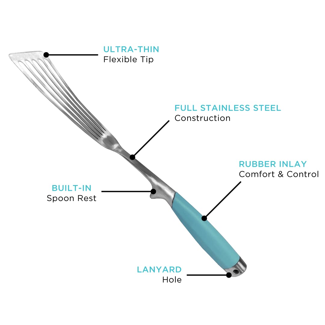 Toadfish stainless steel spatula handle provides secure grip during grilling.