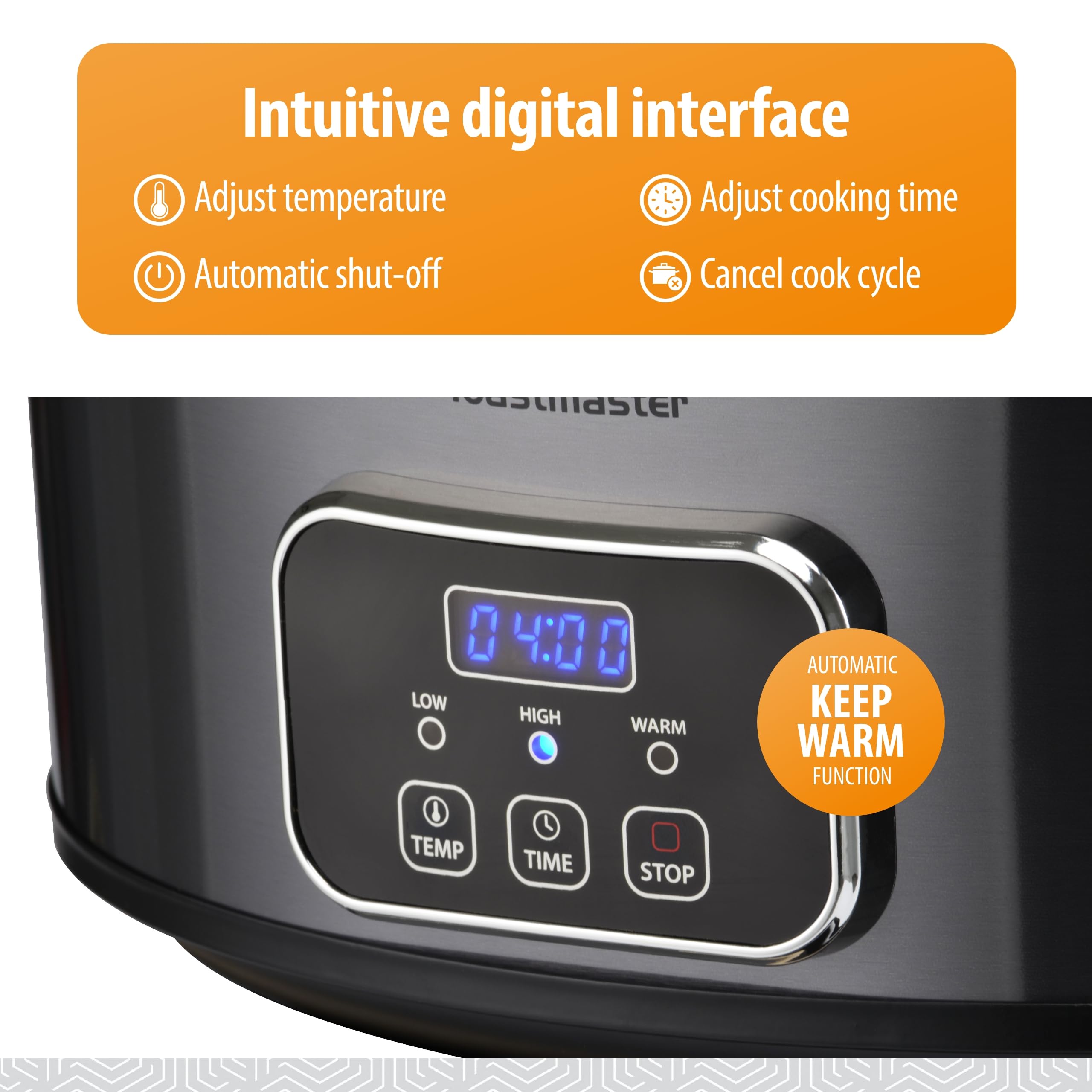 Toastmaster keep-warm icon indicating up to six-hour serving temperature