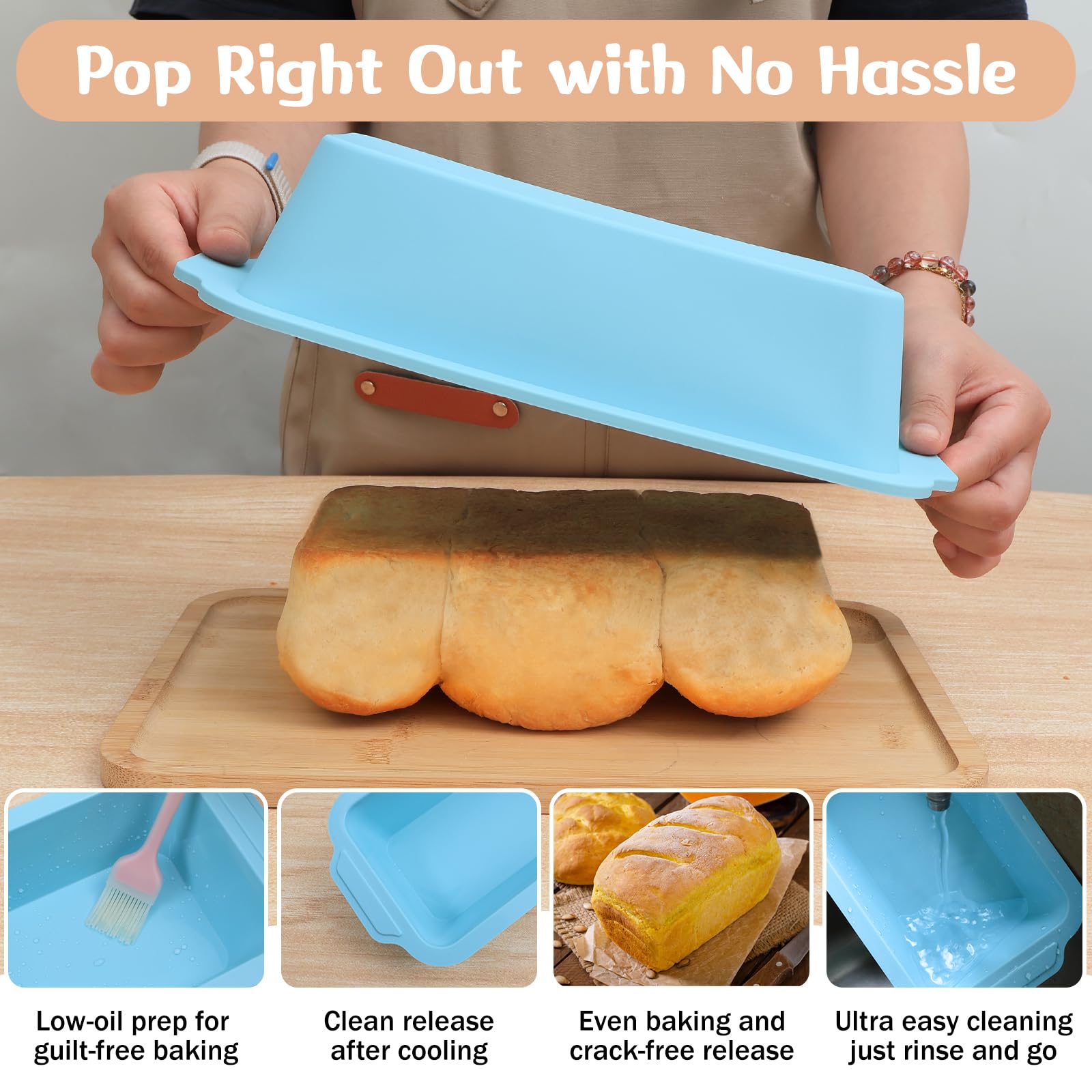 Toeusog bread pan nonstick release angled view showing clean loaf removal.