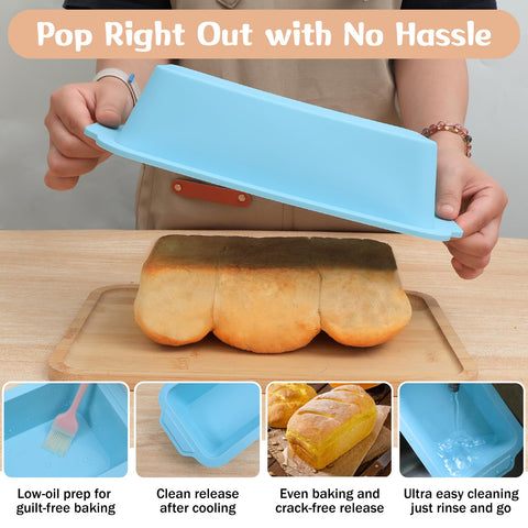 Toeusog bread pan nonstick release angled view showing clean loaf removal.