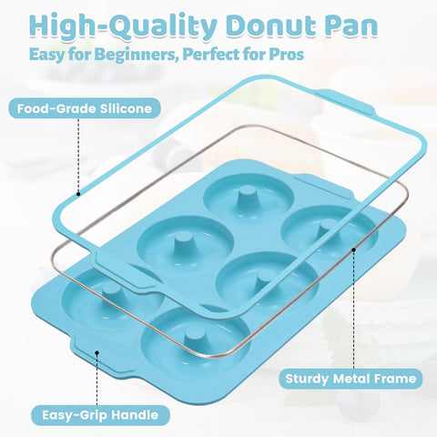 Toeusog donut pan with metal frame keeps shape while transferring from oven.