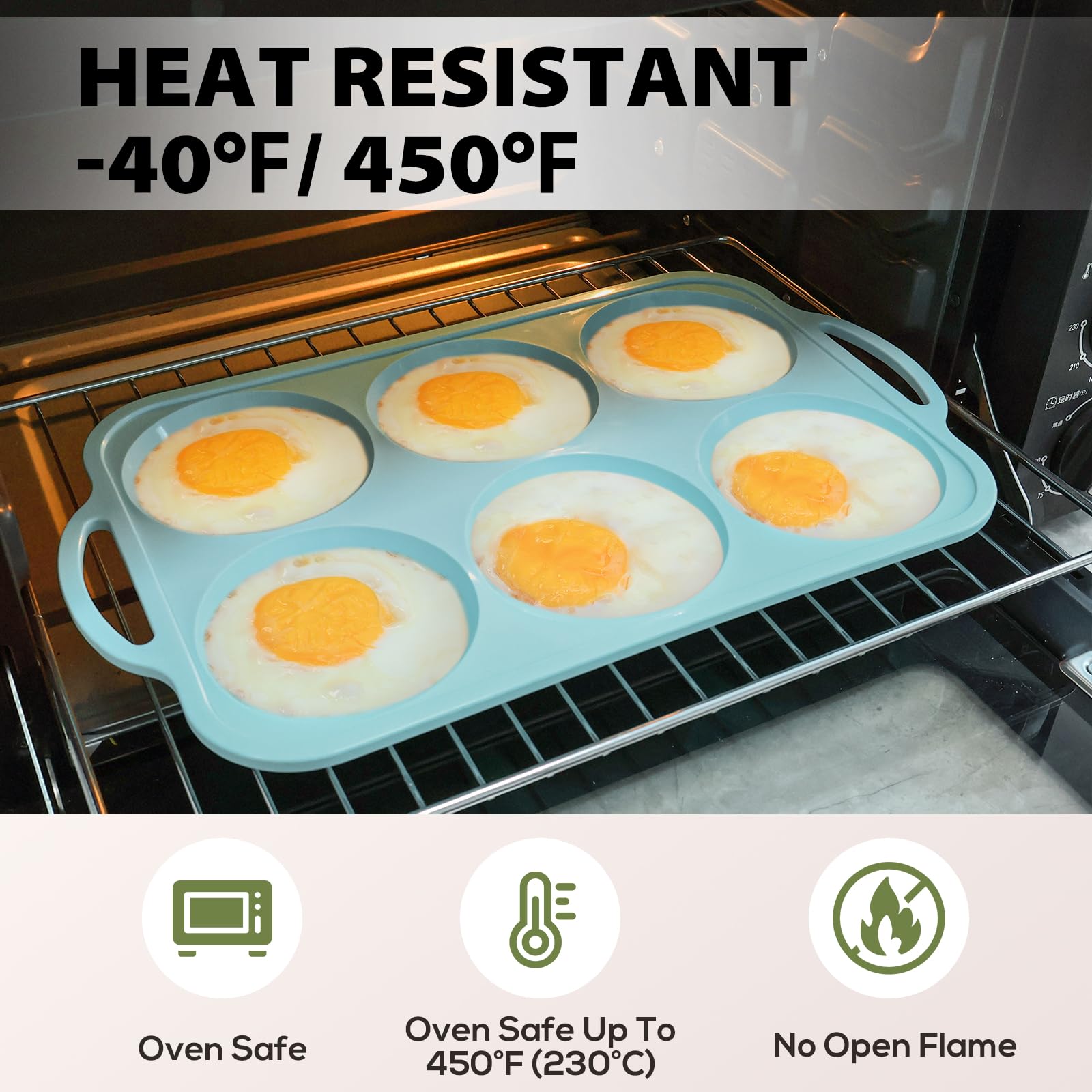 Toeusog silicone muffin top pan saves space by stacking or hanging.