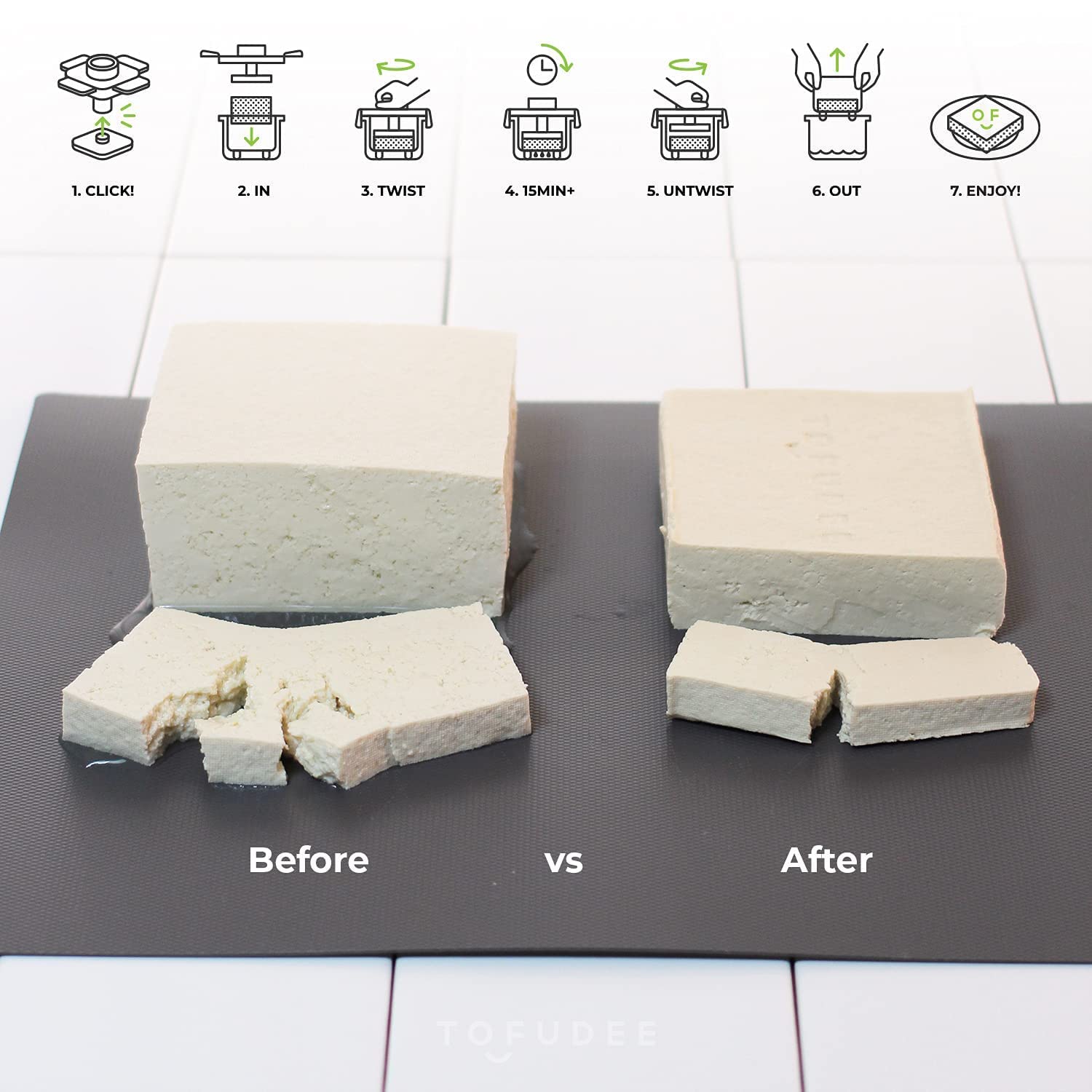 TOFUDEE Tofu Press drip tray demonstrates mess-free draining during pressing.