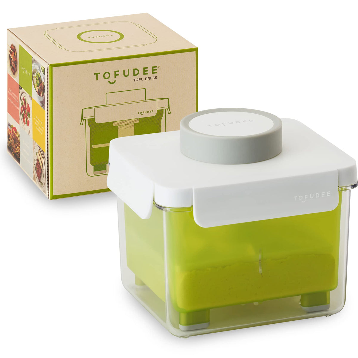 TOFUDEE Tofu Press lid lock shows secure, mess-free operation for easy tofu prep.