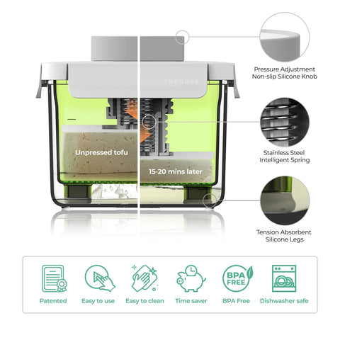 TOFUDEE Tofu Press twist dial highlights adjustable pressure for consistent tofu texture.