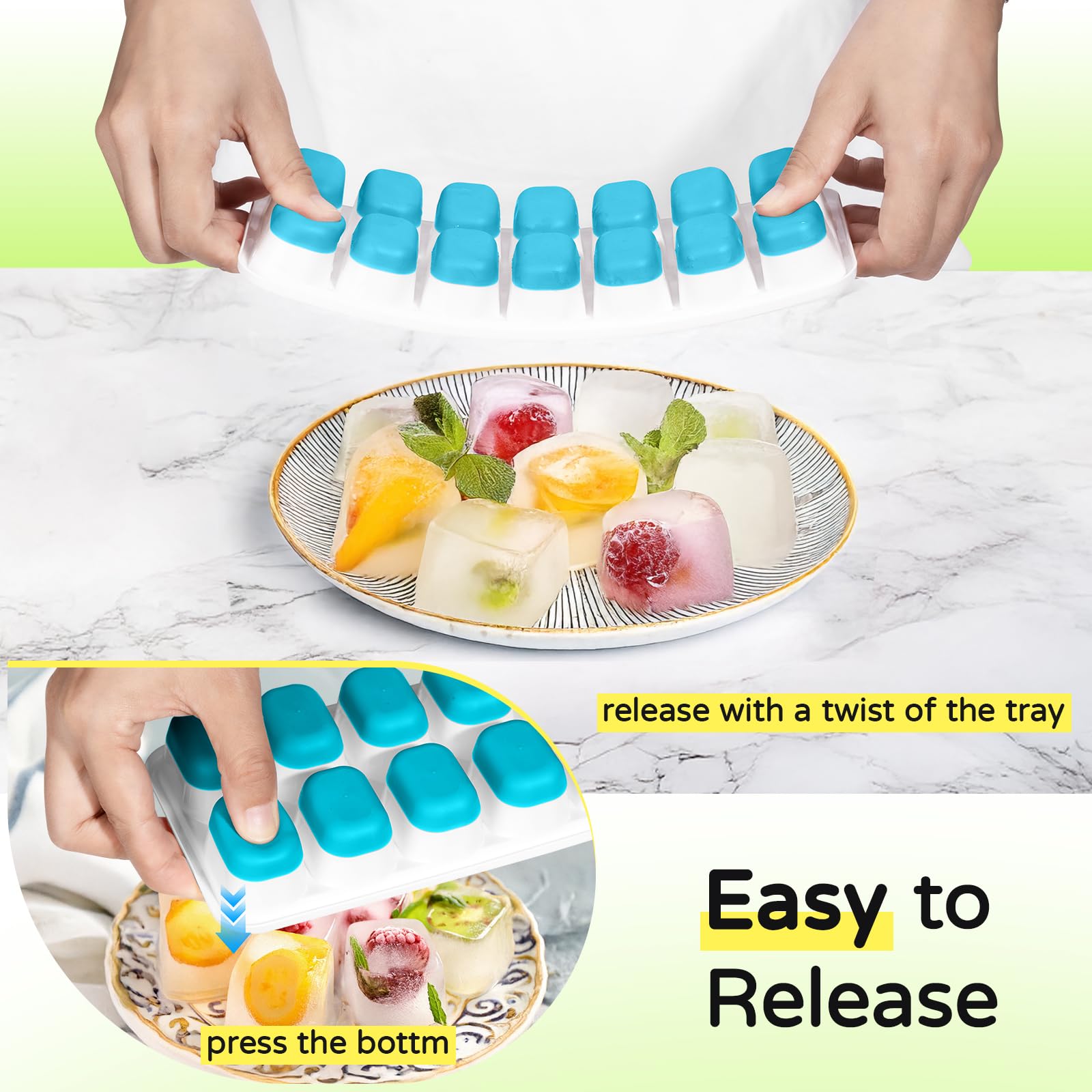 Tohsssik ice cube tray close-up shows easy release and durable silicone surface.