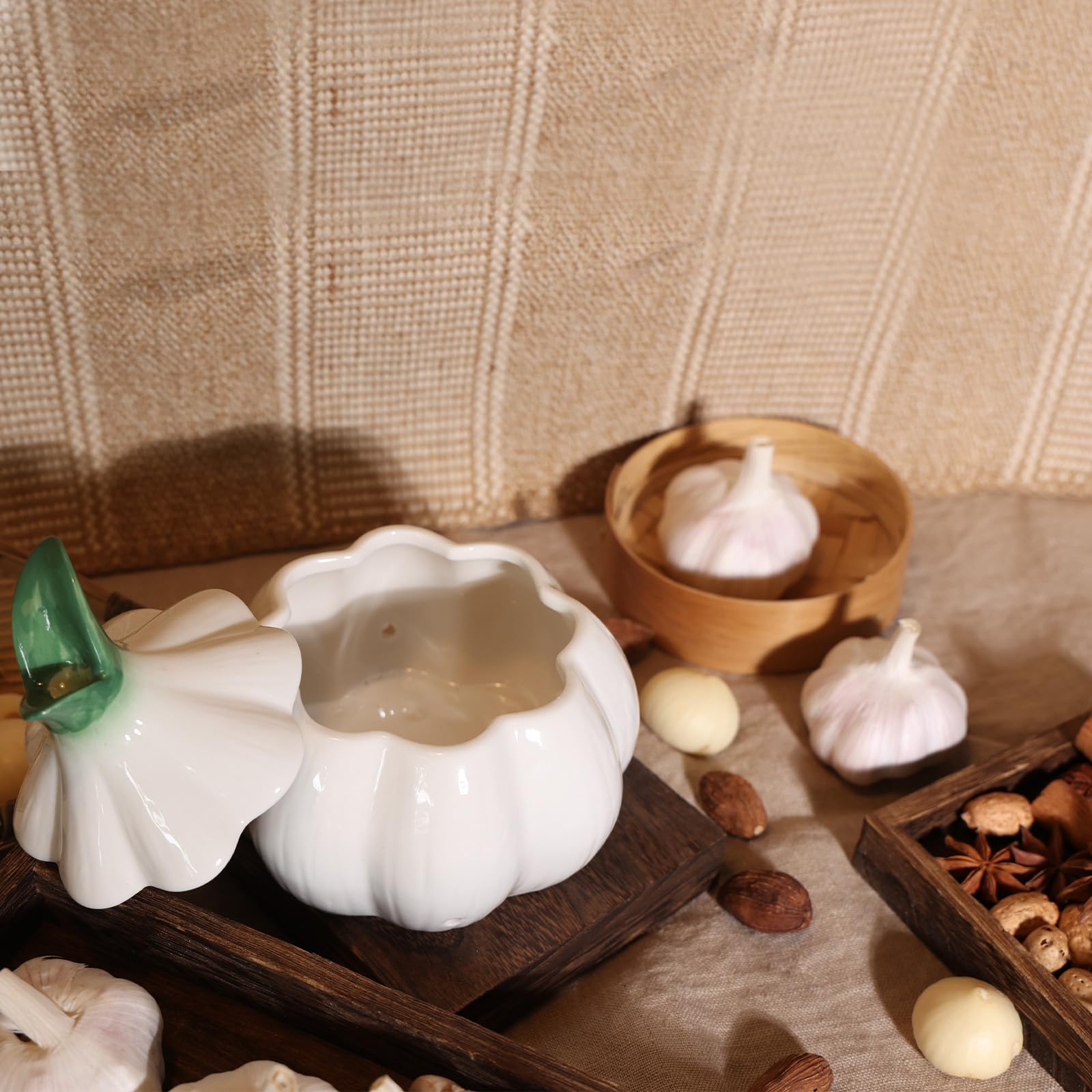 TOIVO Garlic Saver with sprouting design adds charm to the counter.