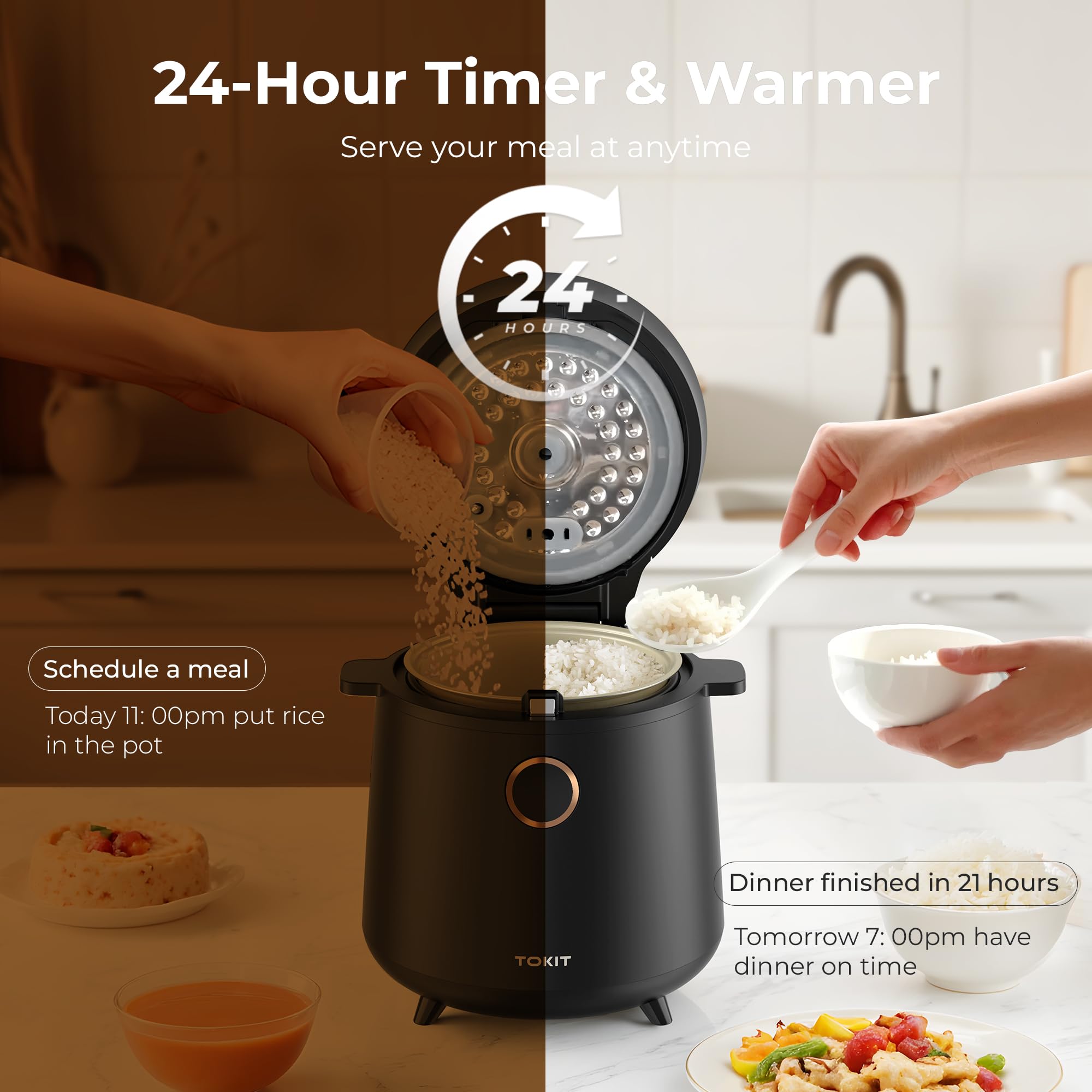 TOKIT rice cooker shows 24-hour timer for flexible meal planning.