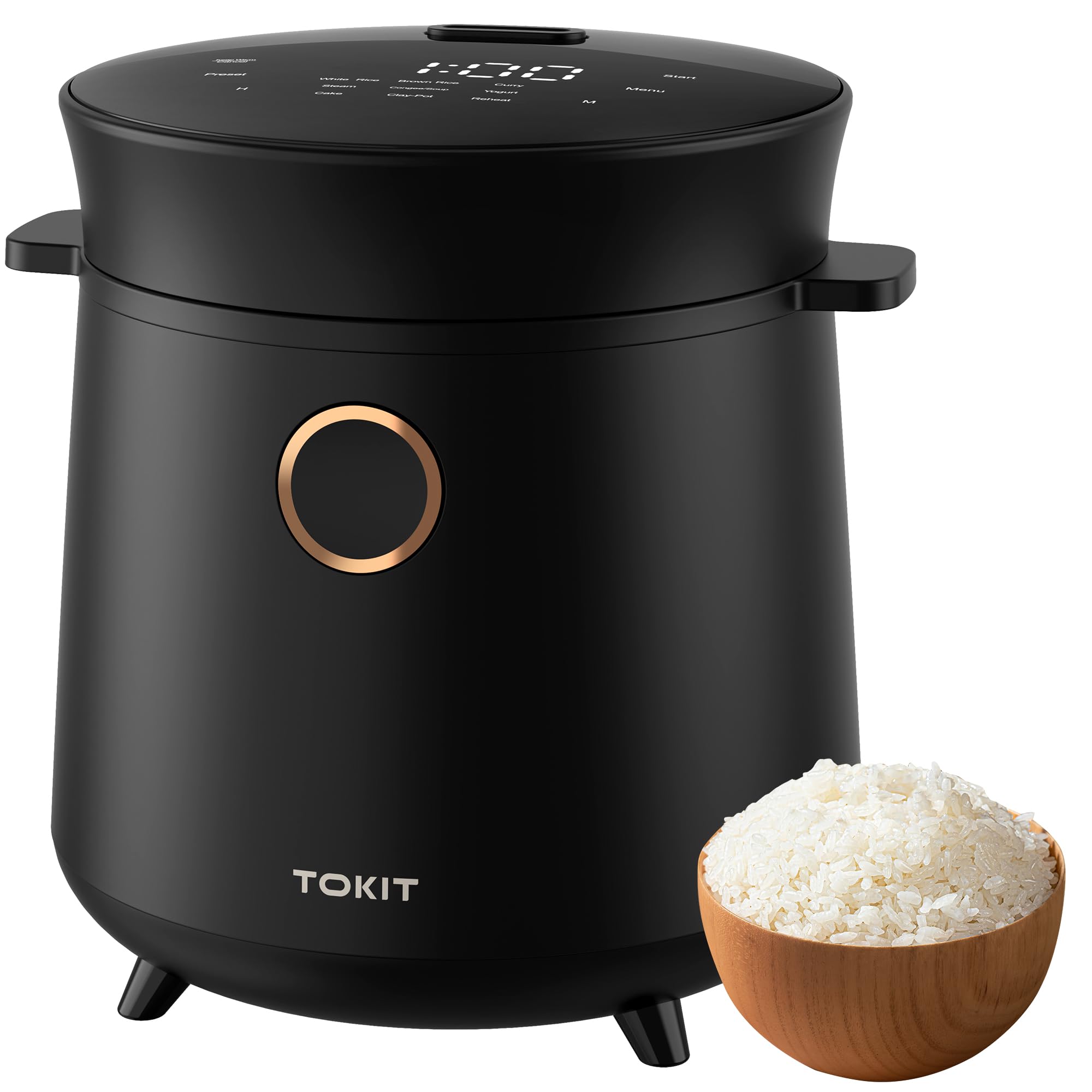 TOKIT rice cooker with 3-cup uncooked capacity, compact for small kitchens.