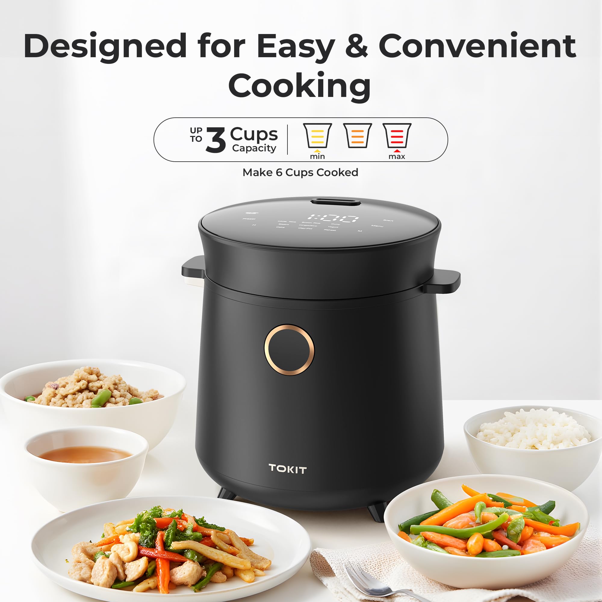 TOKIT rice cooker 6-cup cooked capacity, perfect for 1–3 people.
