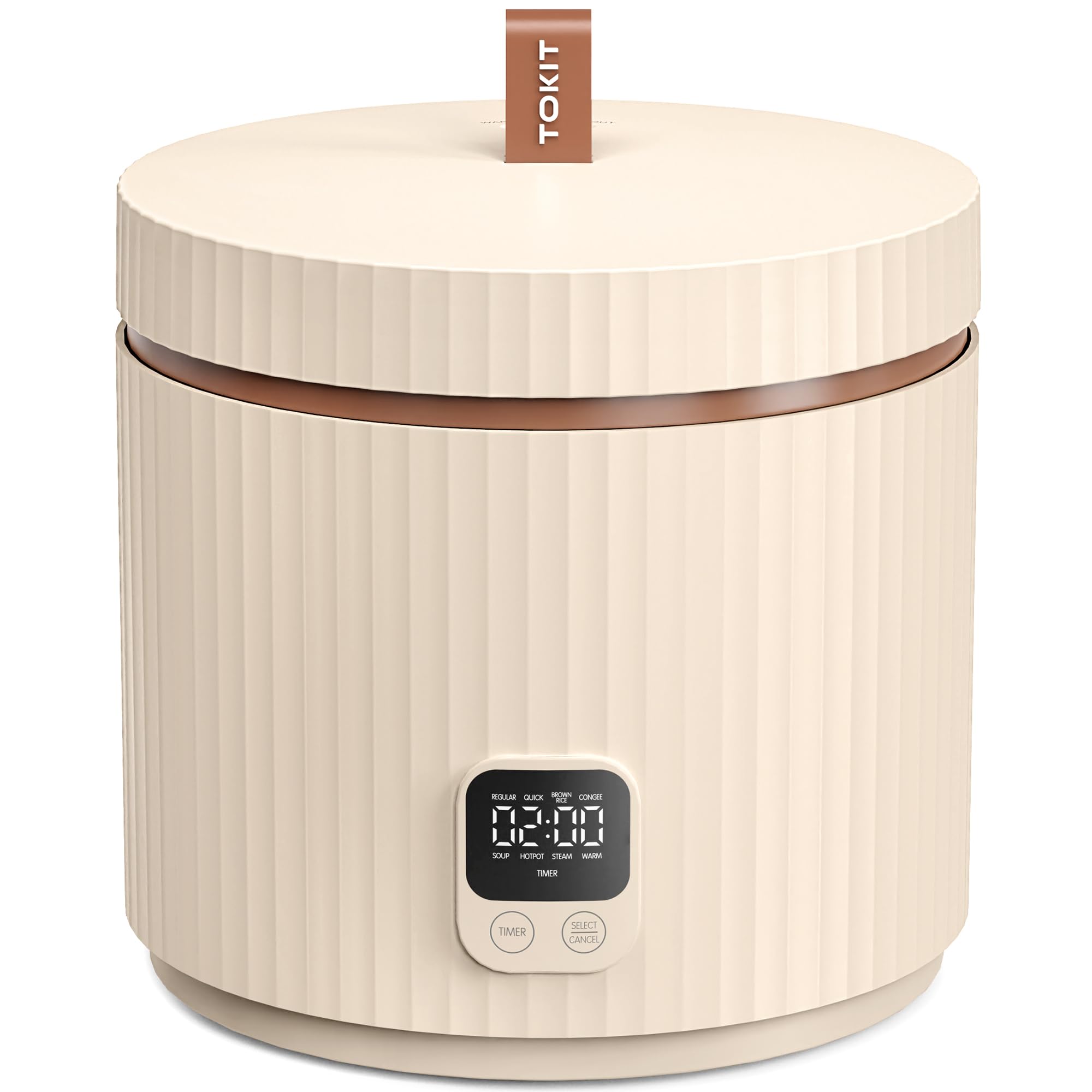 TOKIT rice cooker small front view showing compact design ideal for 1-3 people