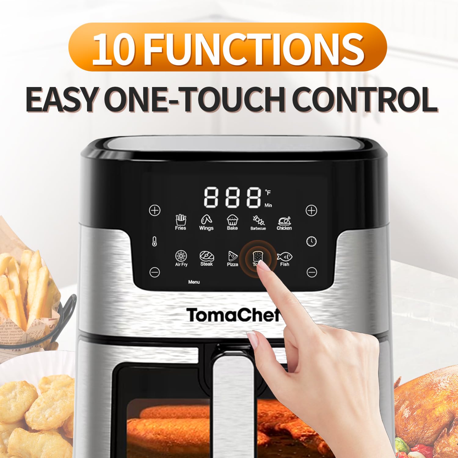 TomaChef air fryer with viewing window to monitor progress without heat loss