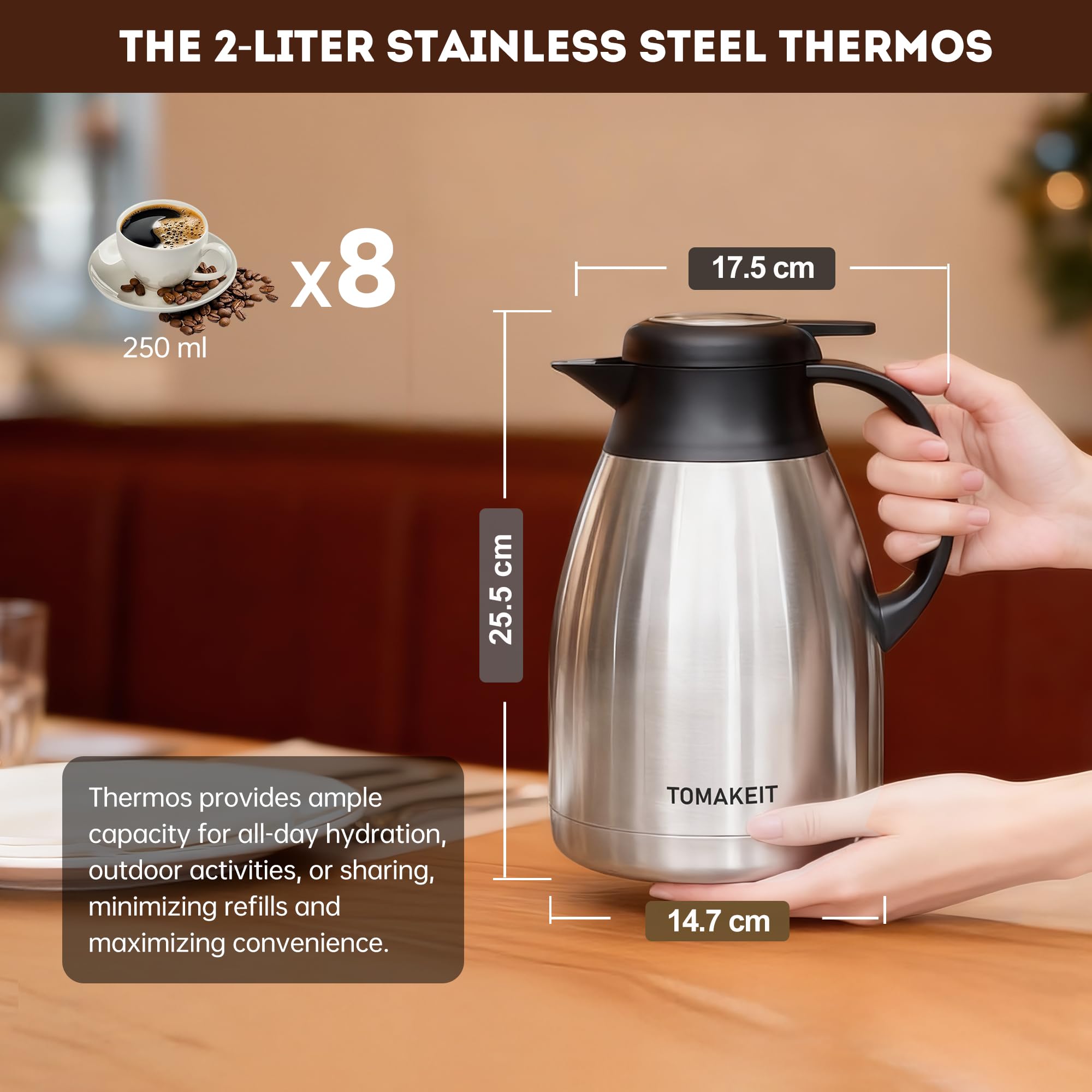 Ergonomic handle grip on TOMAKEIT thermal carafe for easy carrying