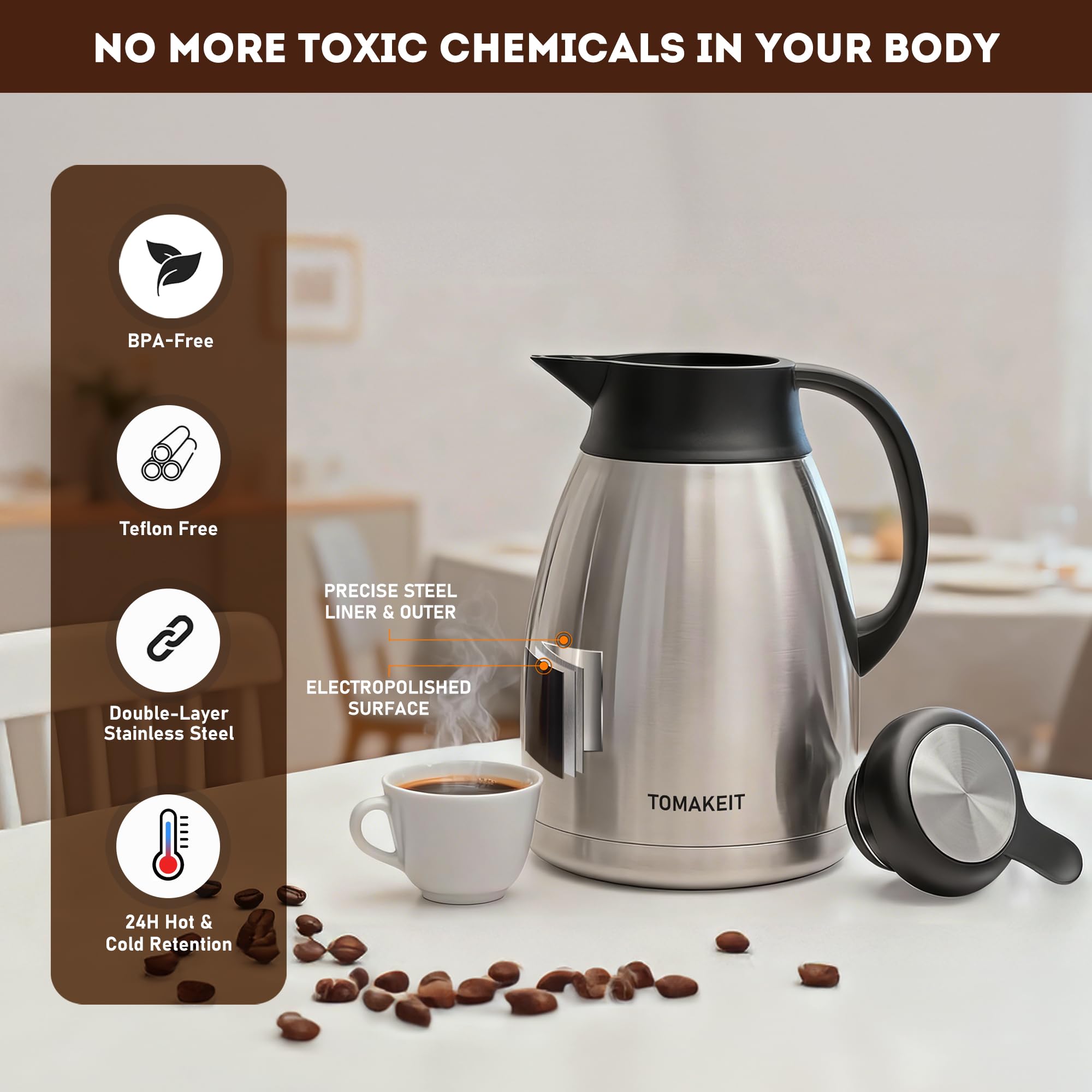 Pouring action of TOMAKEIT carafe illustrating smooth, spill-free serving