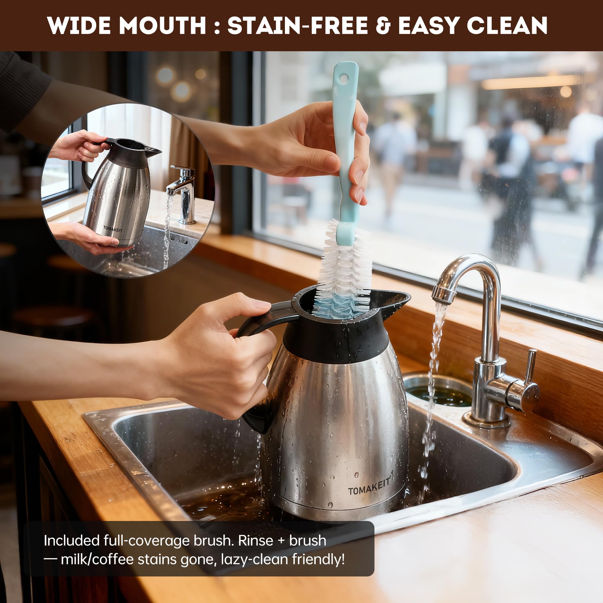 Wide-mouth opening of TOMAKEIT carafe for easy filling and cleaning