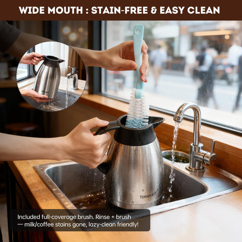Wide-mouth opening of TOMAKEIT carafe for easy filling and cleaning